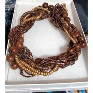Multistrand Brown & Gold Beaded Necklace With Wooden Accents